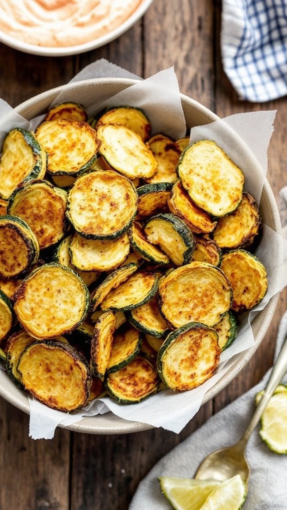 A bowl of crispy zucchini chips with a dip in the background.