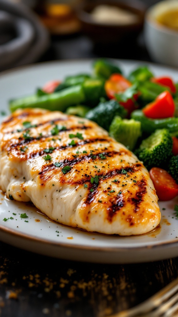 Grilled chicken breast with vegetables on a plate