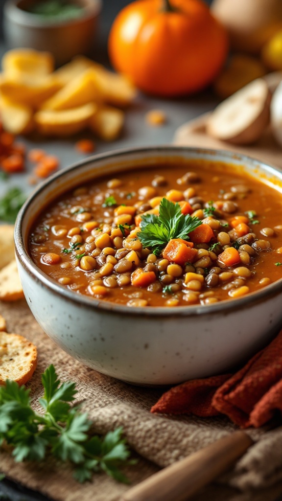 A bowl of lentil soup with carrots and corn, garnished with herbs, beside slices of bread.