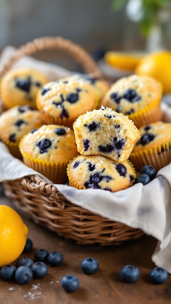 A basket filled with lemon blueberry muffins made with coconut flour, accompanied by fresh lemons and blueberries.