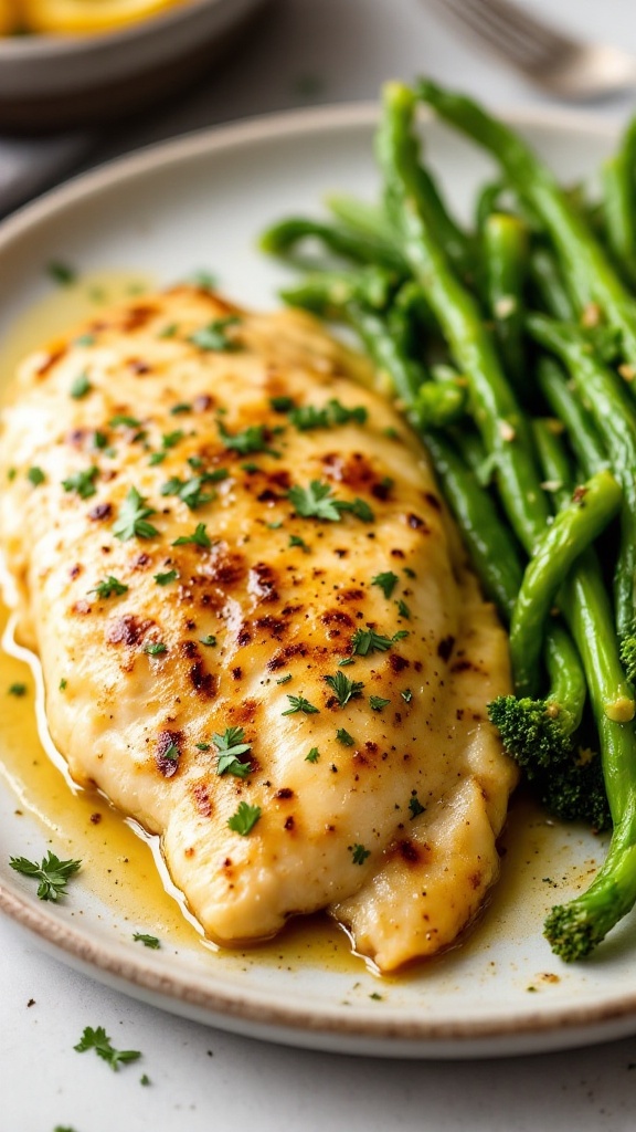 Plate of Lemon Butter Garlic Chicken served with green beans