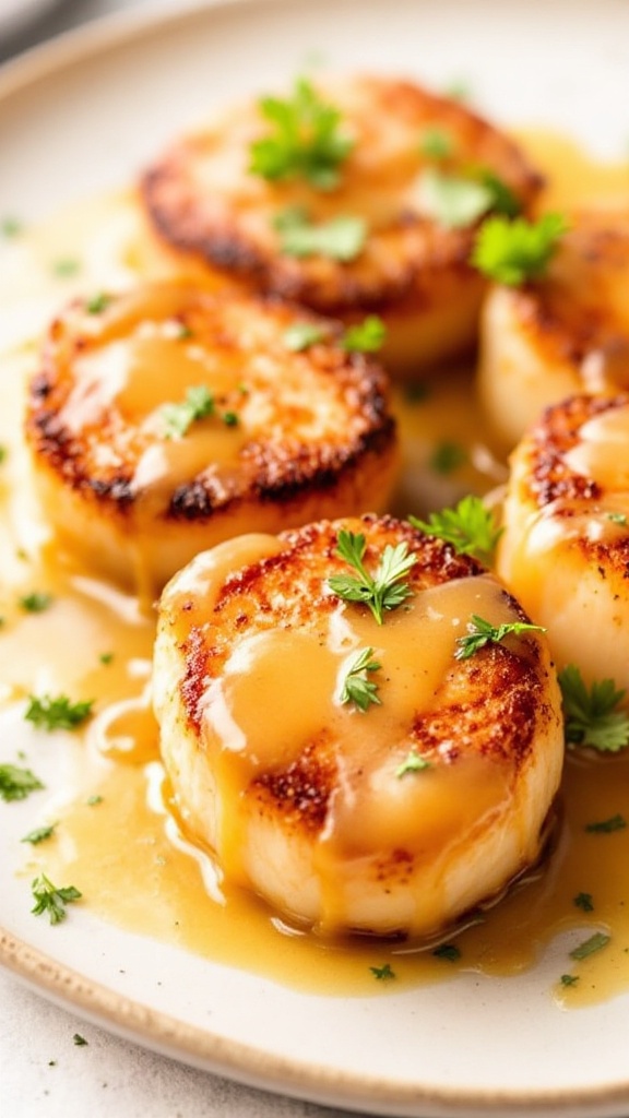 Plate of golden brown lemon butter scallops garnished with parsley