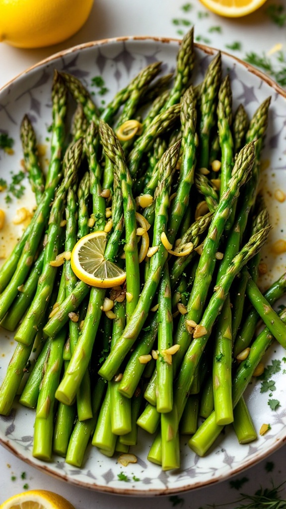 A plate of lemon garlic asparagus topped with lemon slices and garlic, showcasing vibrant green colors.