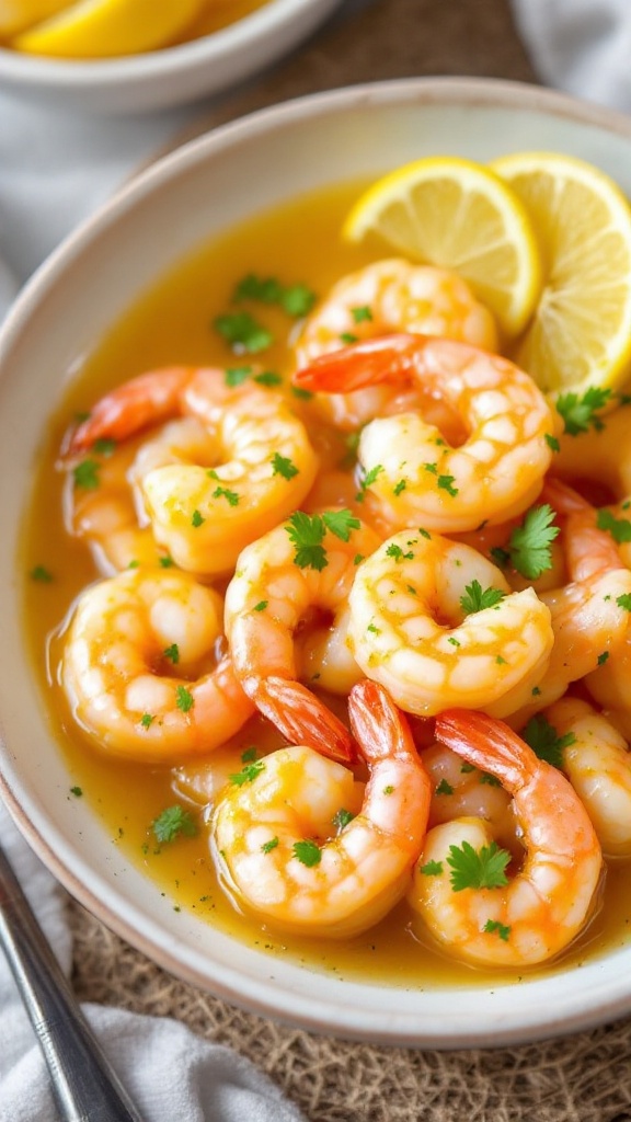 A bowl of lemon garlic butter shrimp garnished with fresh herbs and lemon slices.