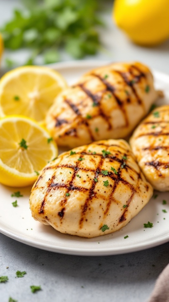 Grilled chicken breasts with lemon slices and parsley on a plate