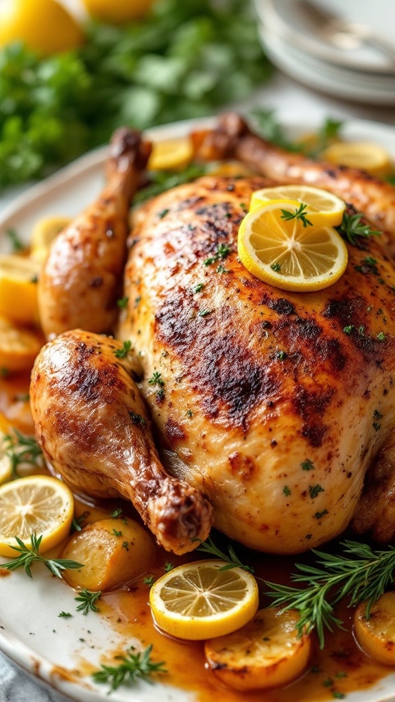 A beautifully roasted chicken garnished with lemon slices and herbs, served on a plate with potatoes.