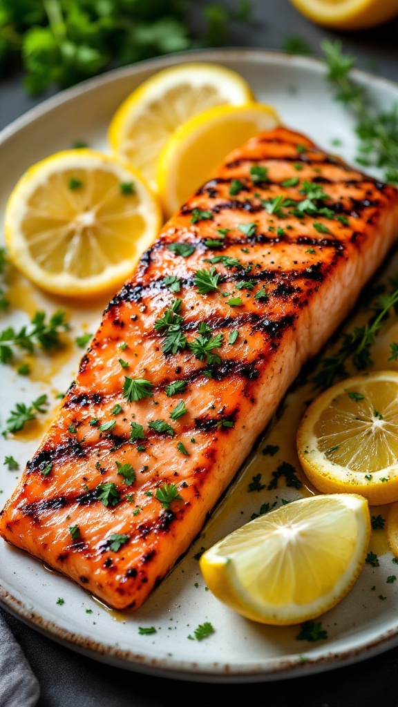 Grilled salmon fillet garnished with herbs and lemon slices