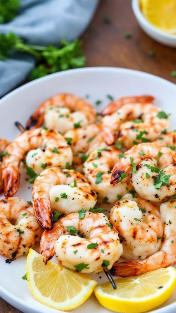 A plate of grilled lemon herb shrimp skewers garnished with parsley and lemon slices.