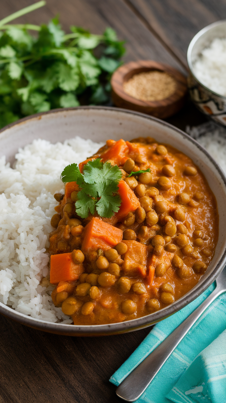 Bowl of lentil and carrot curry served with white rice and garnished with cilantro