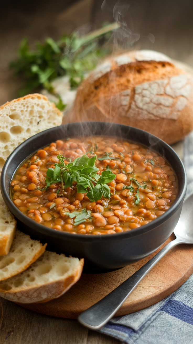 A bowl of lentil soup with carrots and celery, garnished with fresh herbs, next to slices of crusty bread.