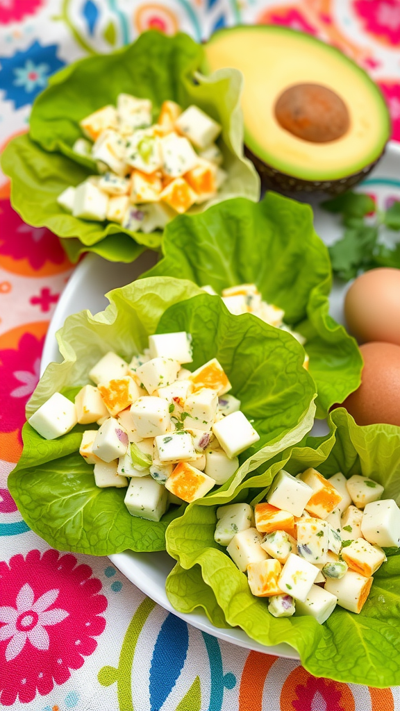 Lettuce wraps filled with colorful egg salad on a vibrant tablecloth