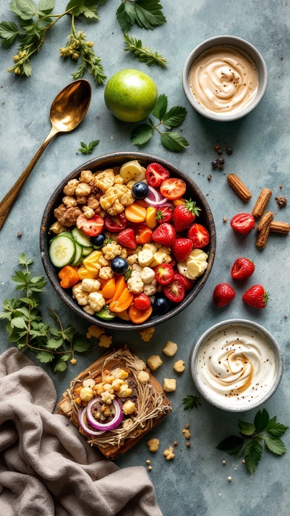 An array of healthy foods including fruits, vegetables, and herbs on a white surface.
