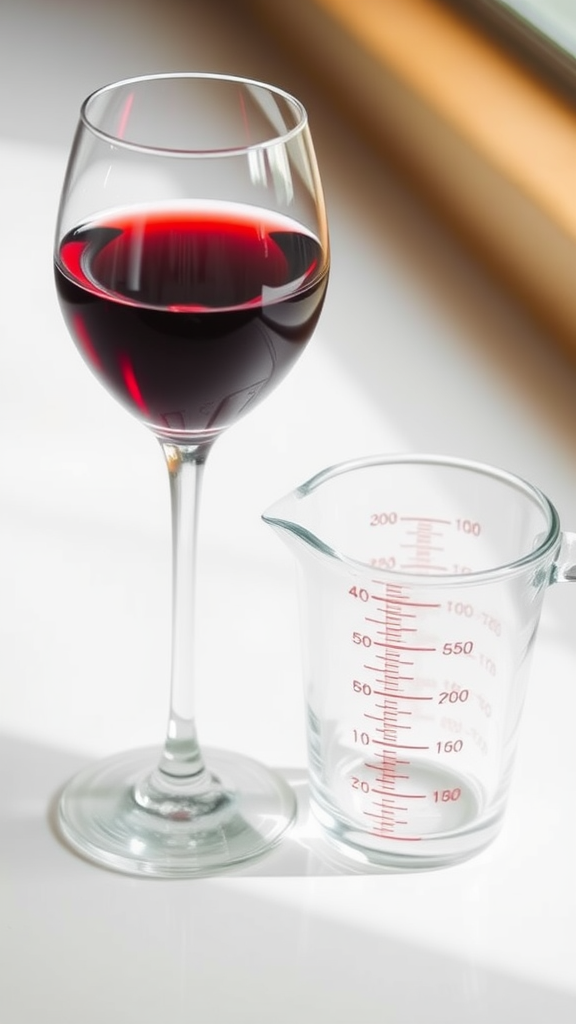 A glass of red wine next to a measuring cup filled with red wine, showcasing the importance of measuring alcohol intake.