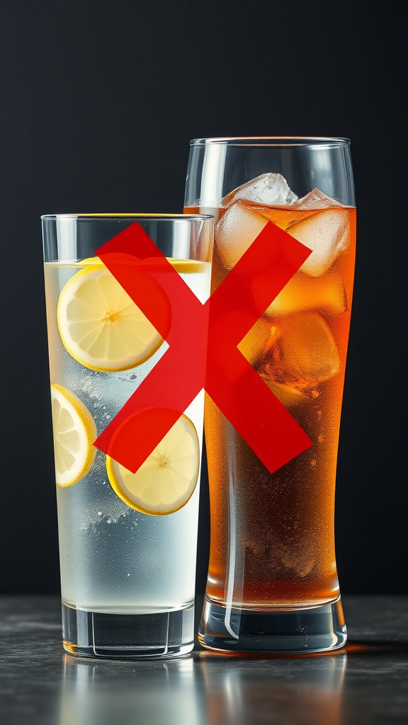 A clear glass of lemon water next to a sugary drink with a red 'X' over it