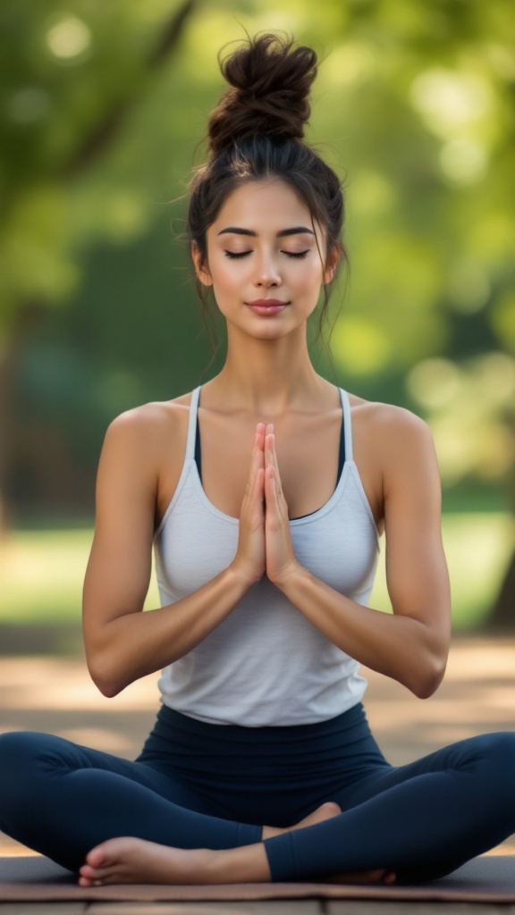 A woman meditating in a green park, embodying tranquility and focus.