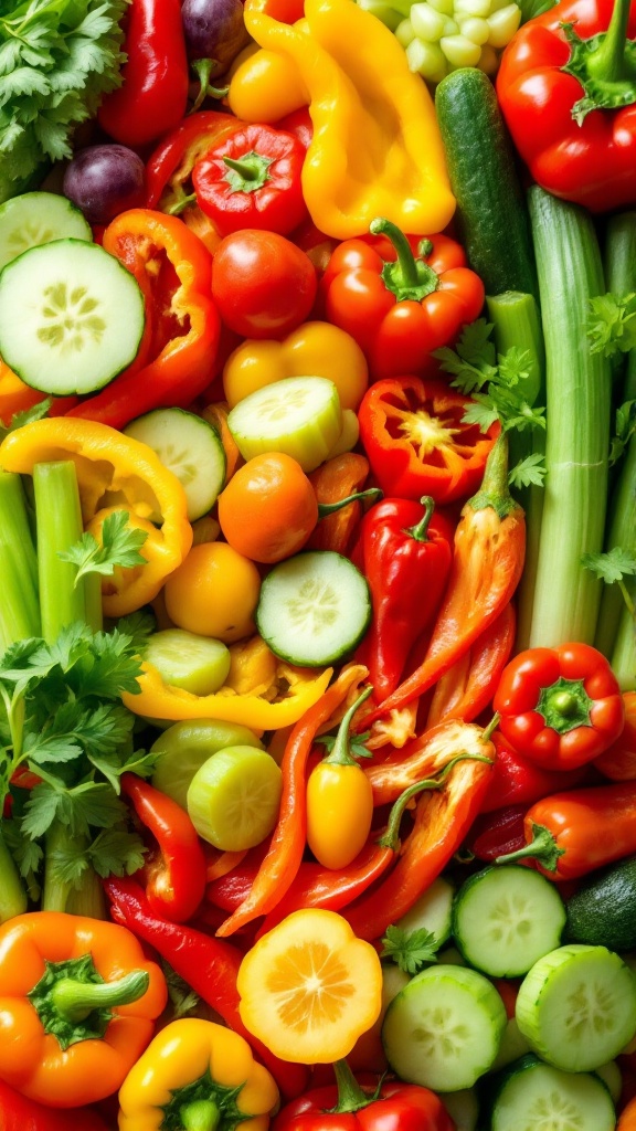 A colorful assortment of low-calorie vegetables including cucumbers, bell peppers, tomatoes, and celery.