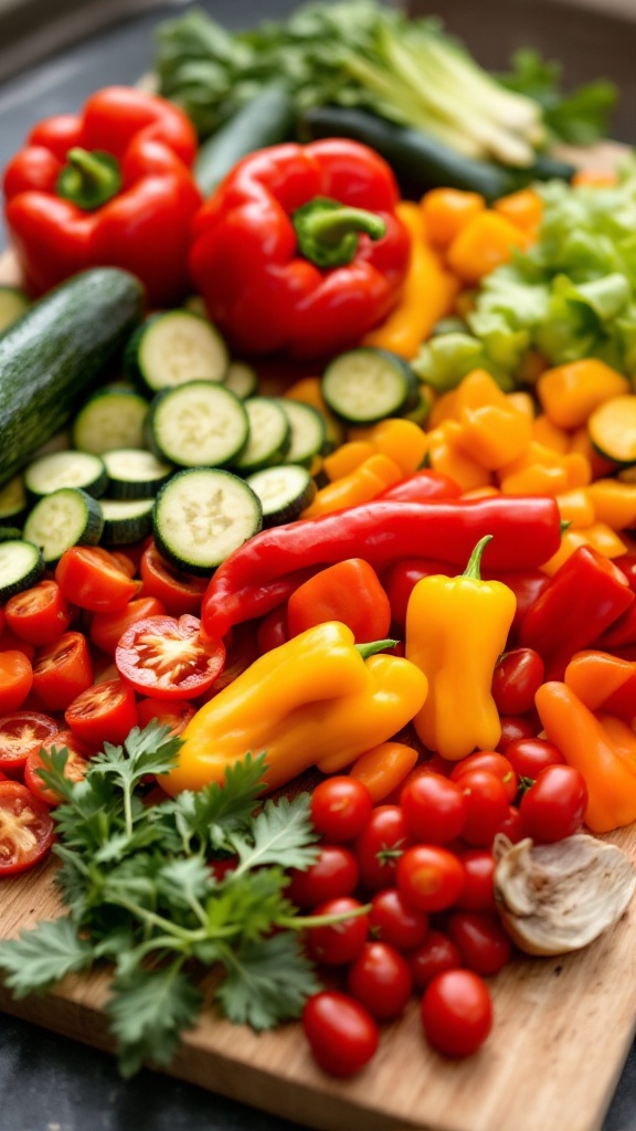 A vibrant assortment of low-carb vegetables including bell peppers, cucumbers, cherry tomatoes, and herbs.