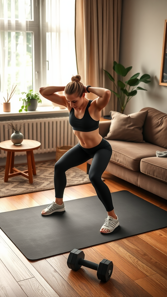 A person performing a squat in a home workout setting, demonstrating commitment to fitness with a dumbbell nearby.