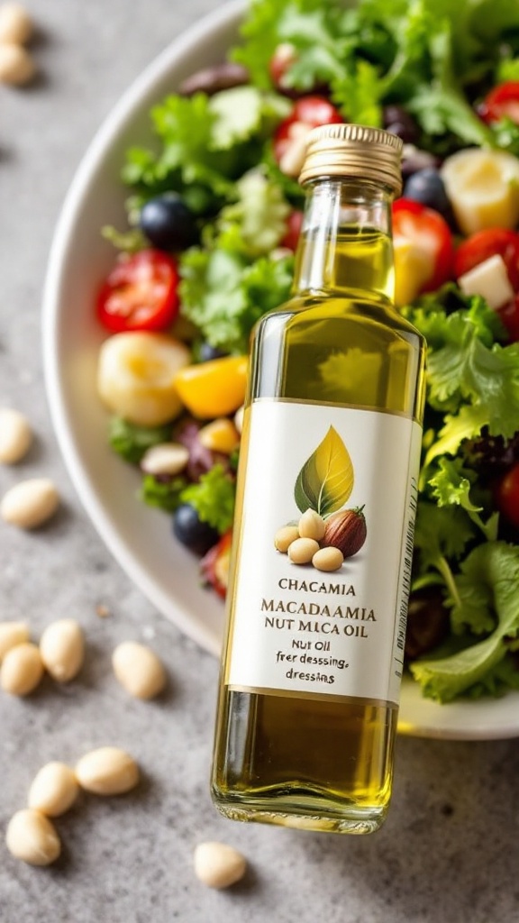 A bottle of macadamia nut oil next to a fresh salad, showcasing vibrant greens and colorful vegetables.