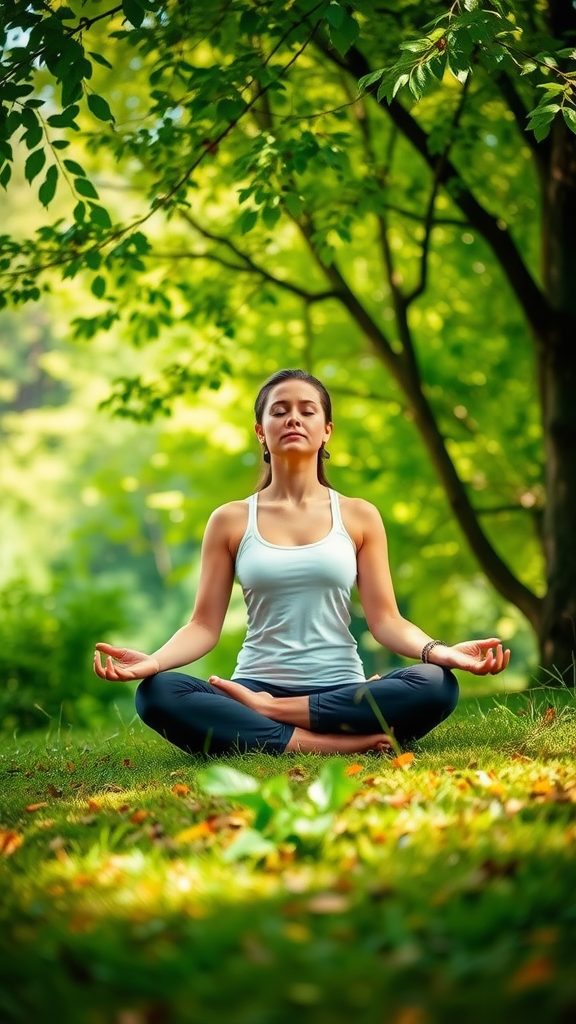 A woman meditating in a lush green park, seated cross-legged with a calm expression.