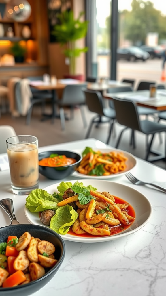 A table setting with healthy dishes including a main course with greens, alongside colorful side dishes and a refreshing drink.