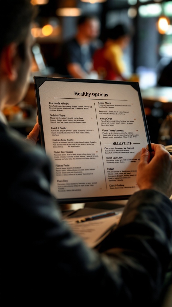 A person examining a menu titled 'Healthy Options' in a restaurant