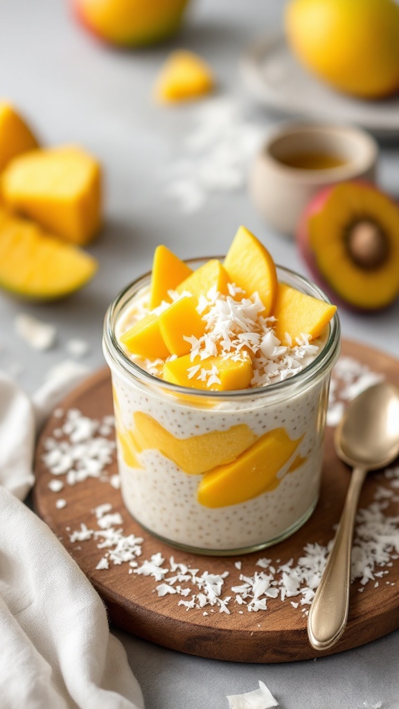 A jar of mango coconut chia pudding topped with mango slices and coconut flakes, placed on a wooden board.