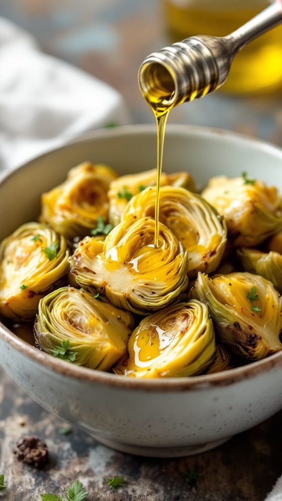 A bowl of marinated artichoke hearts drizzled with olive oil.