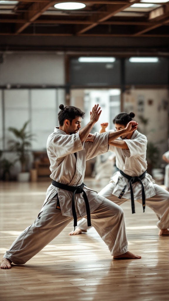 Two martial arts practitioners demonstrating techniques in a dojo.