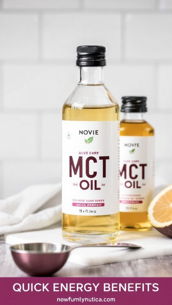 Bottles of MCT oil on a countertop with a measuring spoon and a lemon