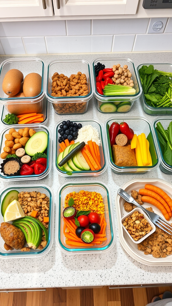 A variety of meal prep containers filled with fresh vegetables, fruits, grains, and proteins arranged on a kitchen counter.