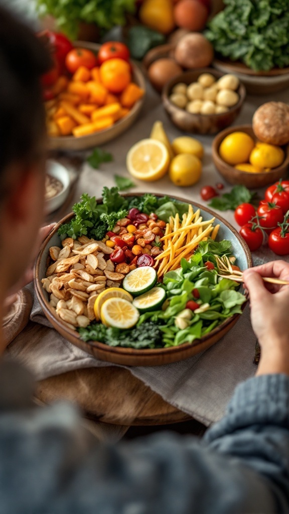 A colorful plate of fresh vegetables and fruits, reflecting the principles of mindful eating.