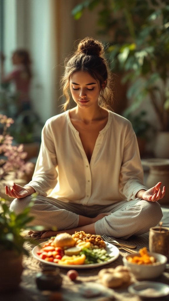 A woman meditating in front of a plate of colorful, healthy food, symbolizing mindful eating.