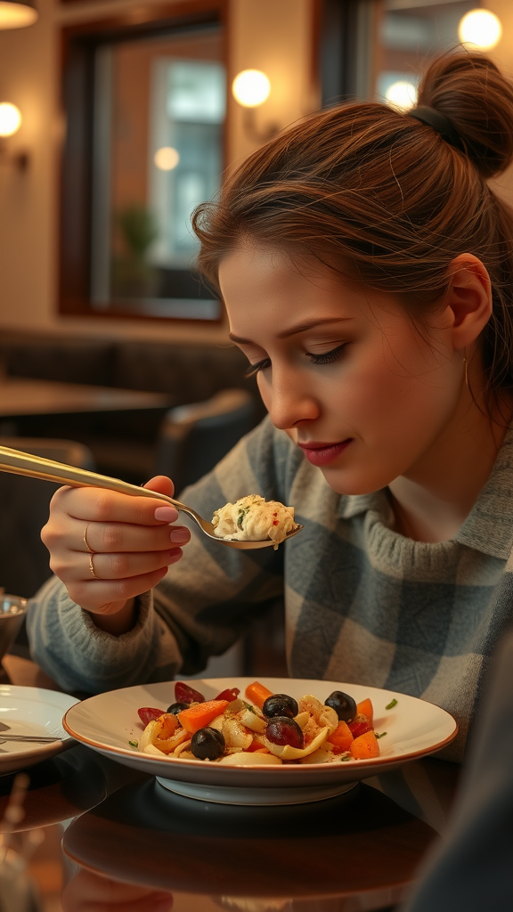 A woman enjoying a plate of pasta with vegetables in a cozy restaurant setting, focused and engaged in her meal.