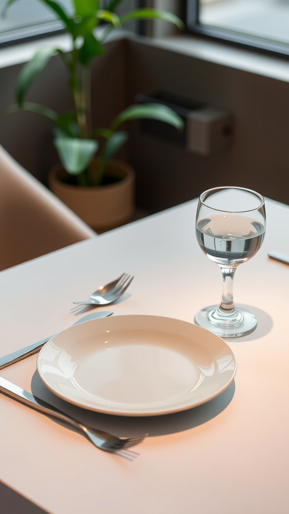 A simple dining setup with an empty plate and a glass of water, accompanied by a plant in the background.