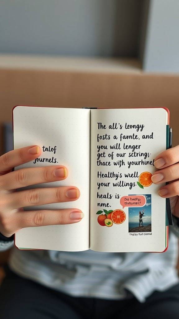 A person holding an open journal filled with motivational notes and healthy living images.