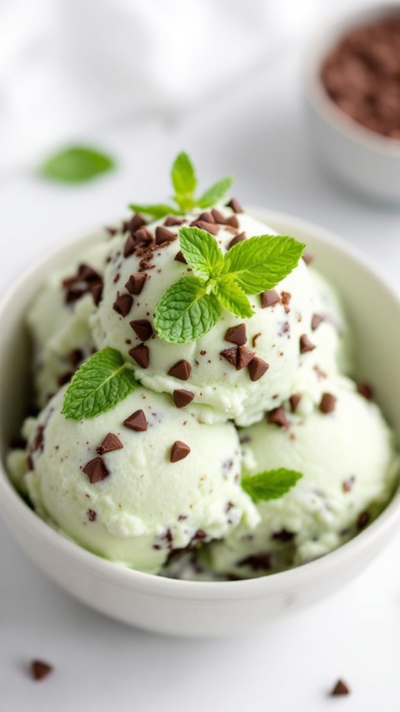 A bowl of mint chocolate chip ice cream topped with chocolate chips and mint leaves.