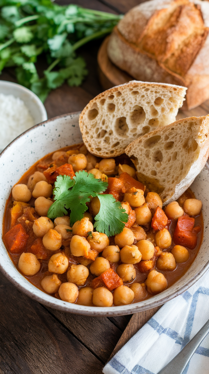 A bowl of Moroccan chickpea stew with fresh cilantro and bread on the side.