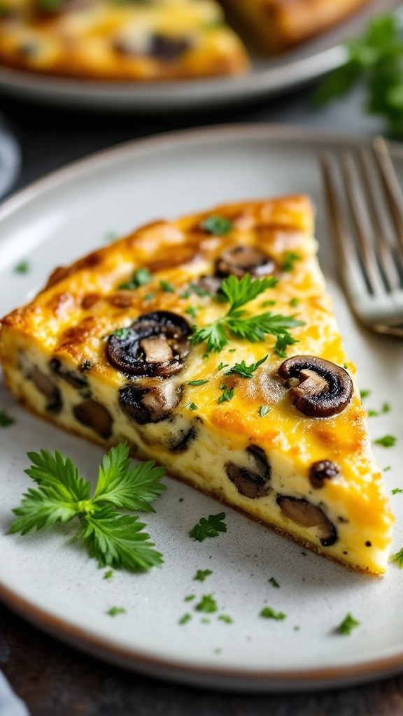 A slice of mushroom and cheese frittata garnished with parsley on a plate.