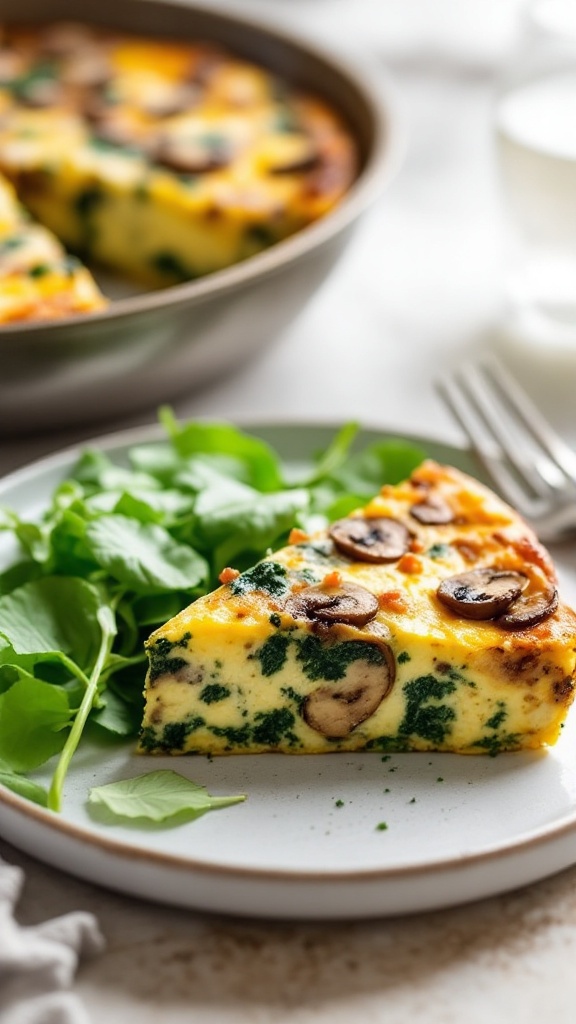 A slice of mushroom and spinach frittata on a plate with fresh greens.