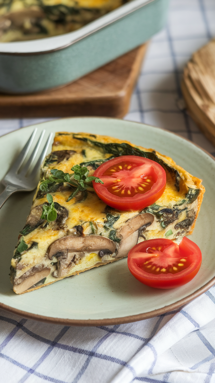 A slice of mushroom and spinach frittata with fresh tomato slices on a plate.