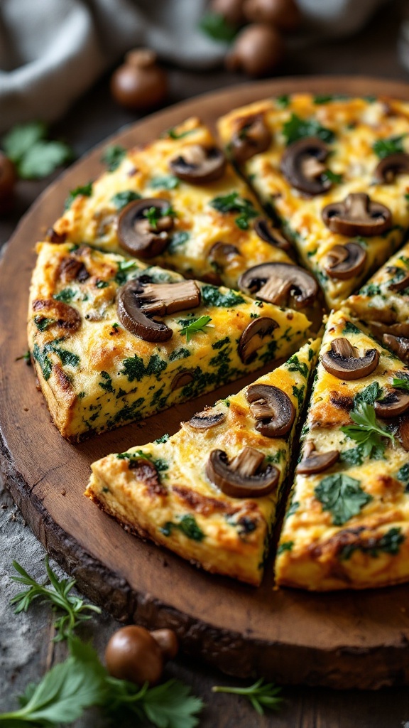 A delicious mushroom and spinach frittata sliced on a wooden board.