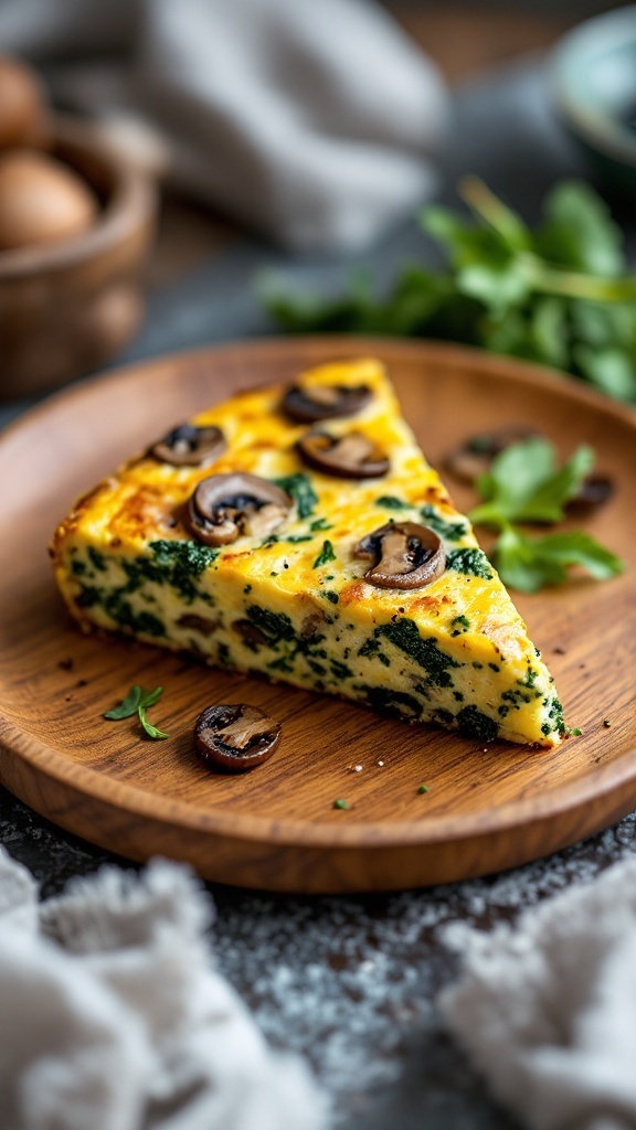 A slice of mushroom and spinach frittata on a wooden plate, garnished with fresh herbs.
