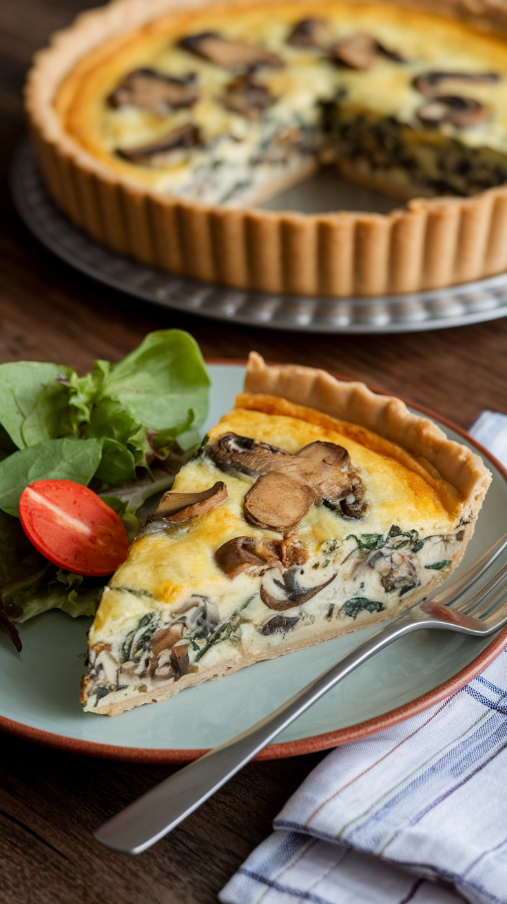 Slice of mushroom and spinach quiche served with a side salad on a plate.