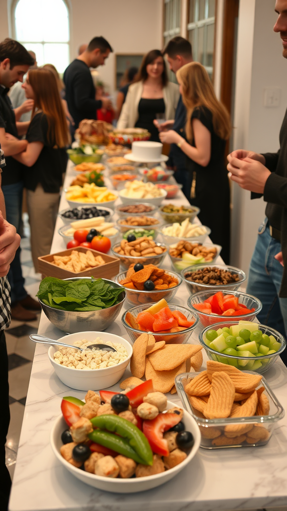 A lively social gathering featuring a variety of food items on a table, with people enjoying the atmosphere.