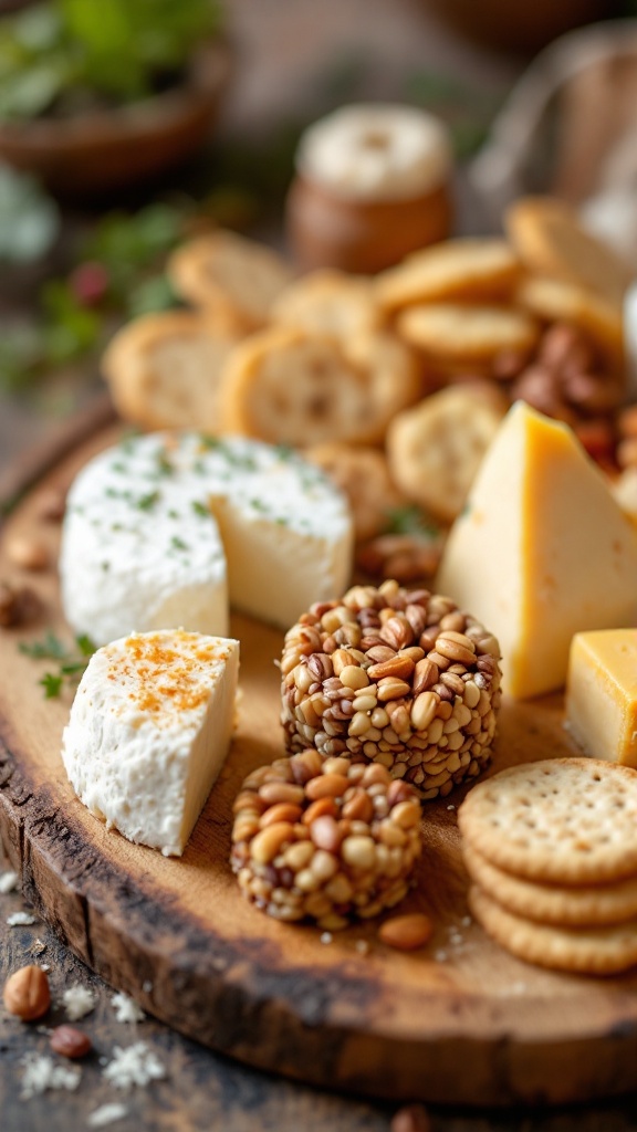 A wooden platter with various nut-based cheese alternatives and crackers.