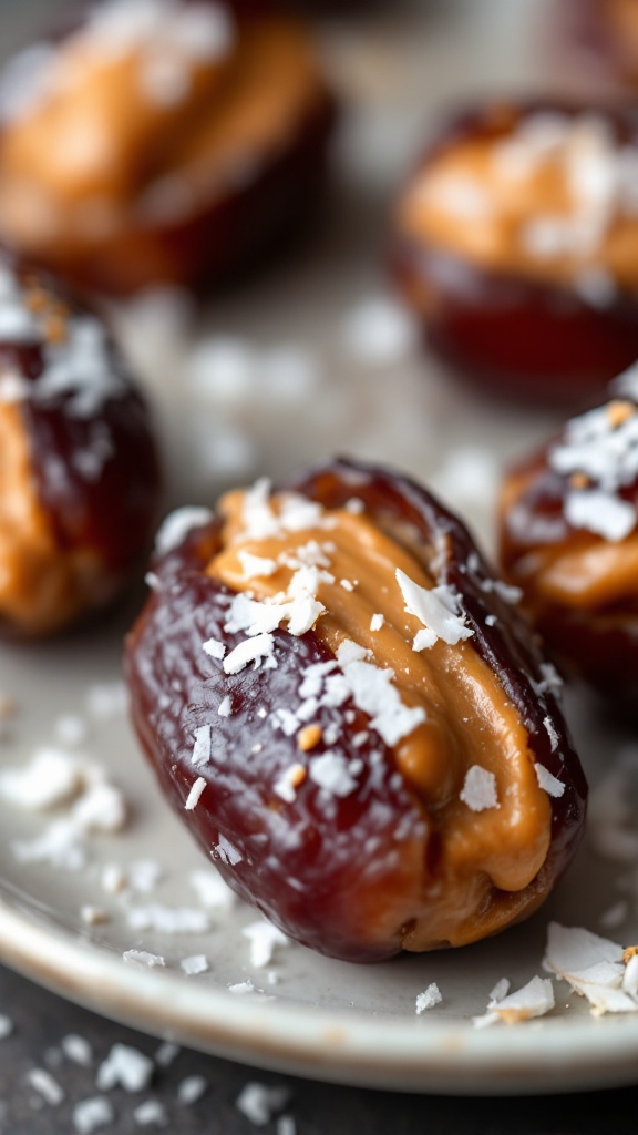 Plate of nut butter stuffed dates topped with shredded coconut.