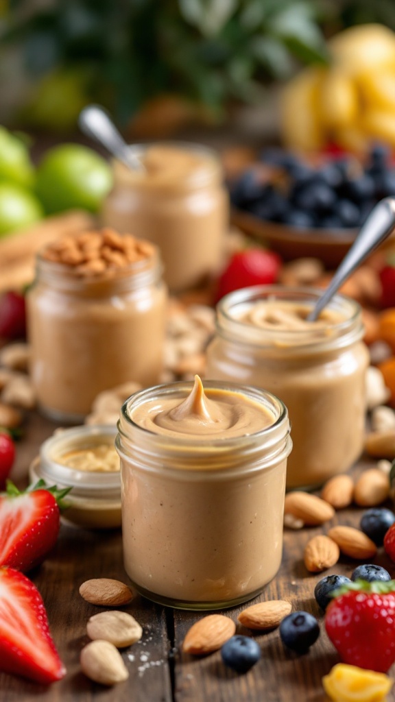 Various jars of nut butters surrounded by fresh fruits and almonds