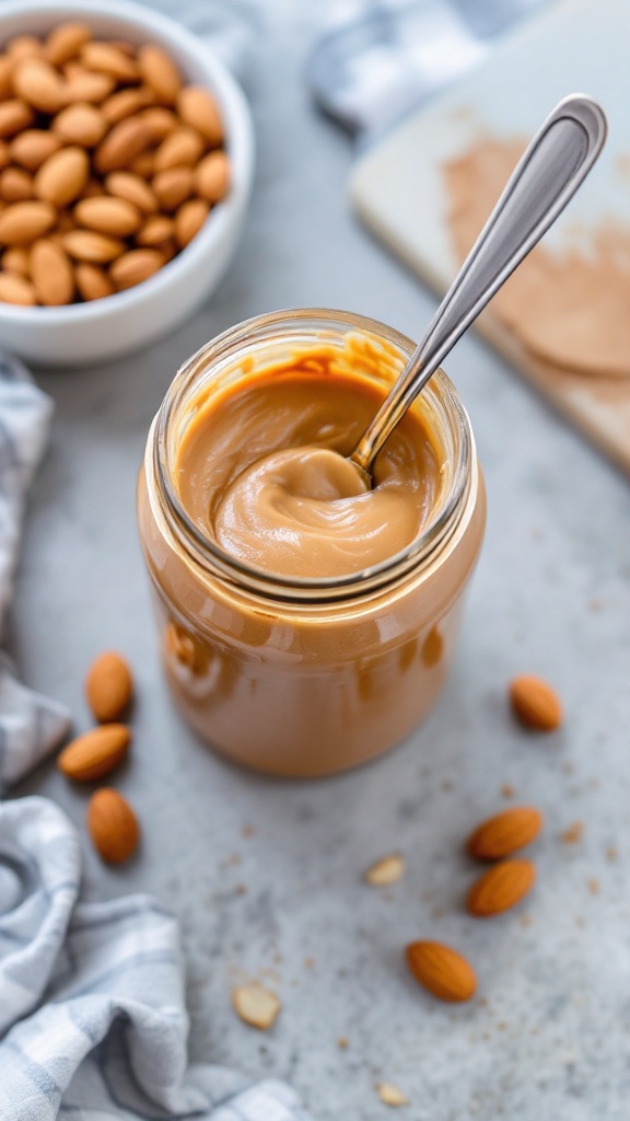 A jar of creamy almond butter with a spoon, surrounded by whole almonds and a checkered cloth.