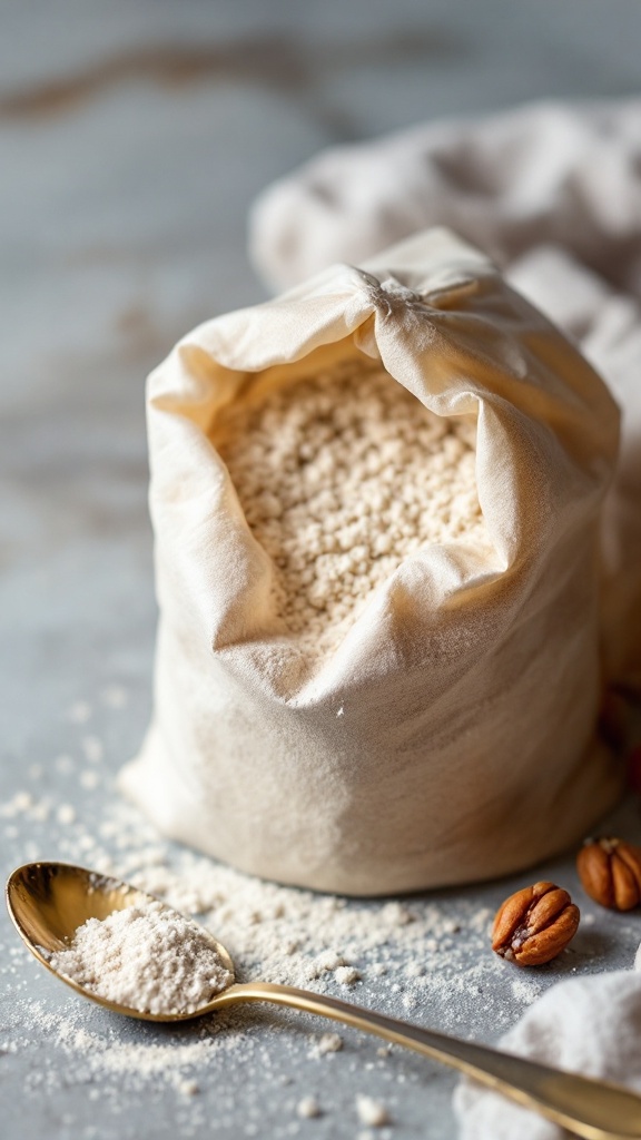 A bag of nut flour with a spoonful of flour and some pecans beside it.